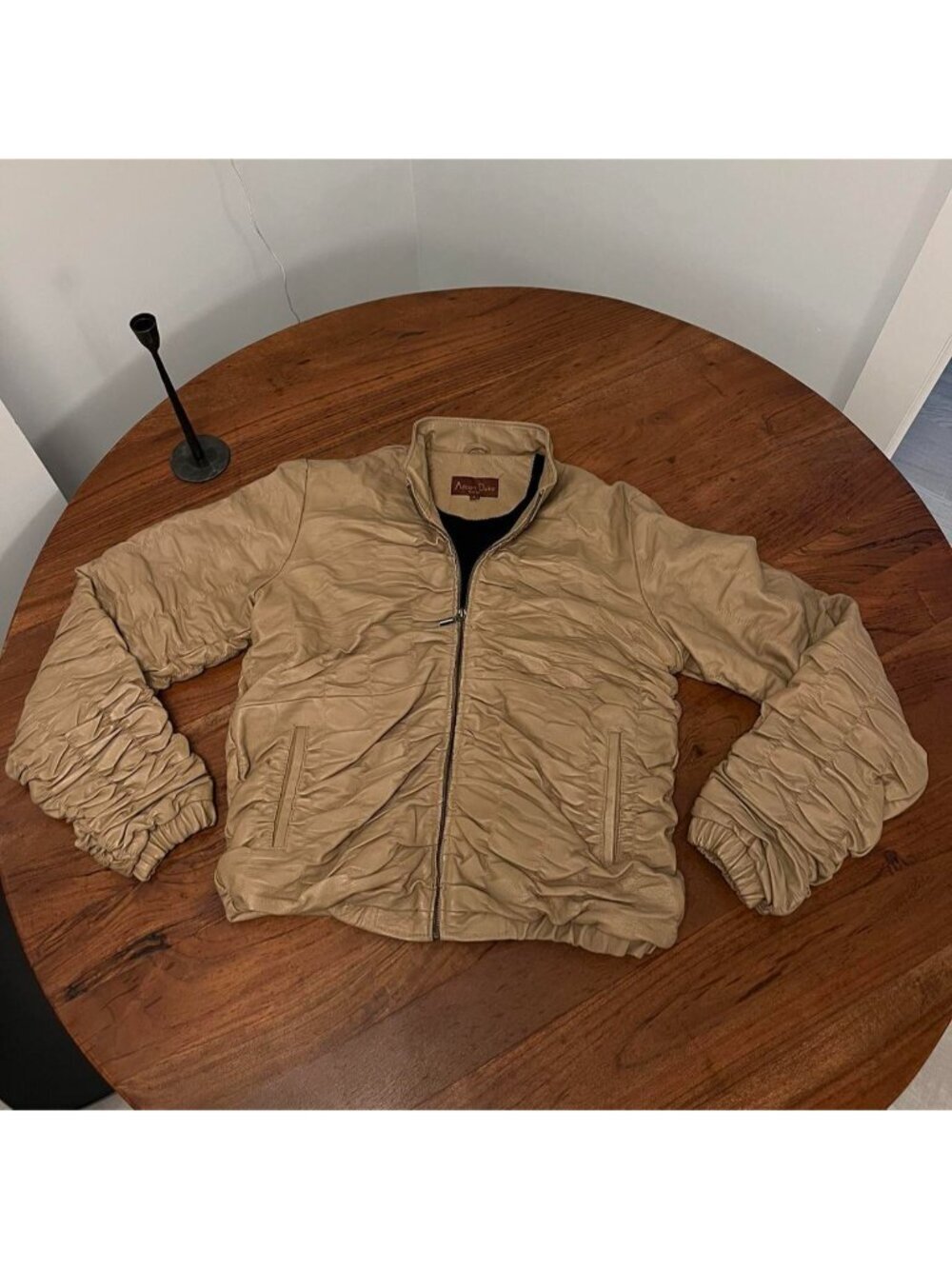 Albert Duke Tan Leather Crinkle Bomber Jacket
